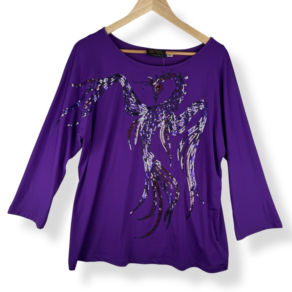 Bob Mackie Sequin‎ Peacock Bird Top Womens Size Medium Purple Wearable Art  NEW